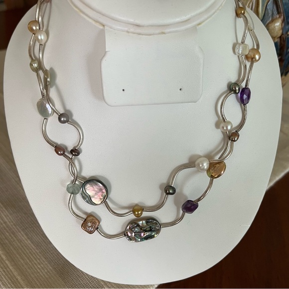 COIN PEARLS MOP MOTHER OF PEARL ARTY SILVER CURVED TWIST OOAK ARTISAN NECKLACE - Picture 4 of 9